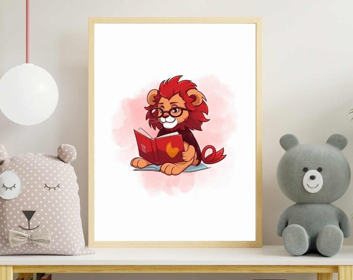 Lion Reading Book Wearing Glasses Kids Room Nursery Wall Art