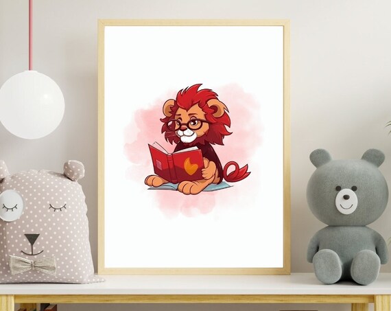 Lion Reading Book Wearing Glasses Kids Room Nursery Wall Art