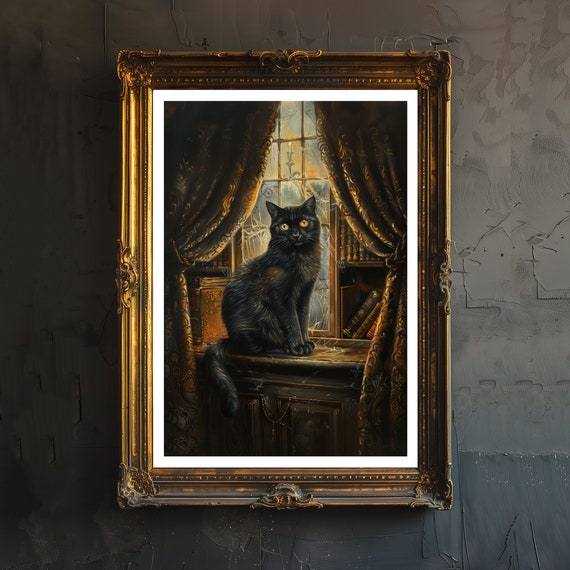 Black Cat Illustration Print Dark Academia Art Gothic Decor Antique Portrait Victorian Era Poster Rustic Vintage Wall