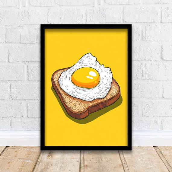 Fried Egg On Toast Poster Retro Pop Art Style Bold Yellow Wall Print For Kitchen Diner Or Breakfast Nook Foodie Decor