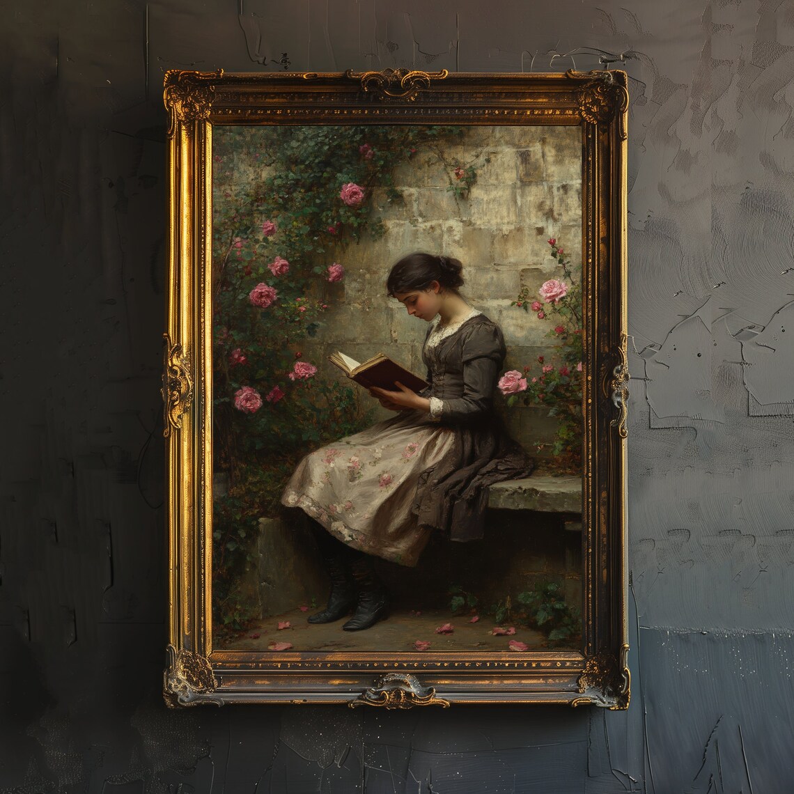 Victorian Woman Reading in Rose Garden Classic Romantic Oil Art Poster