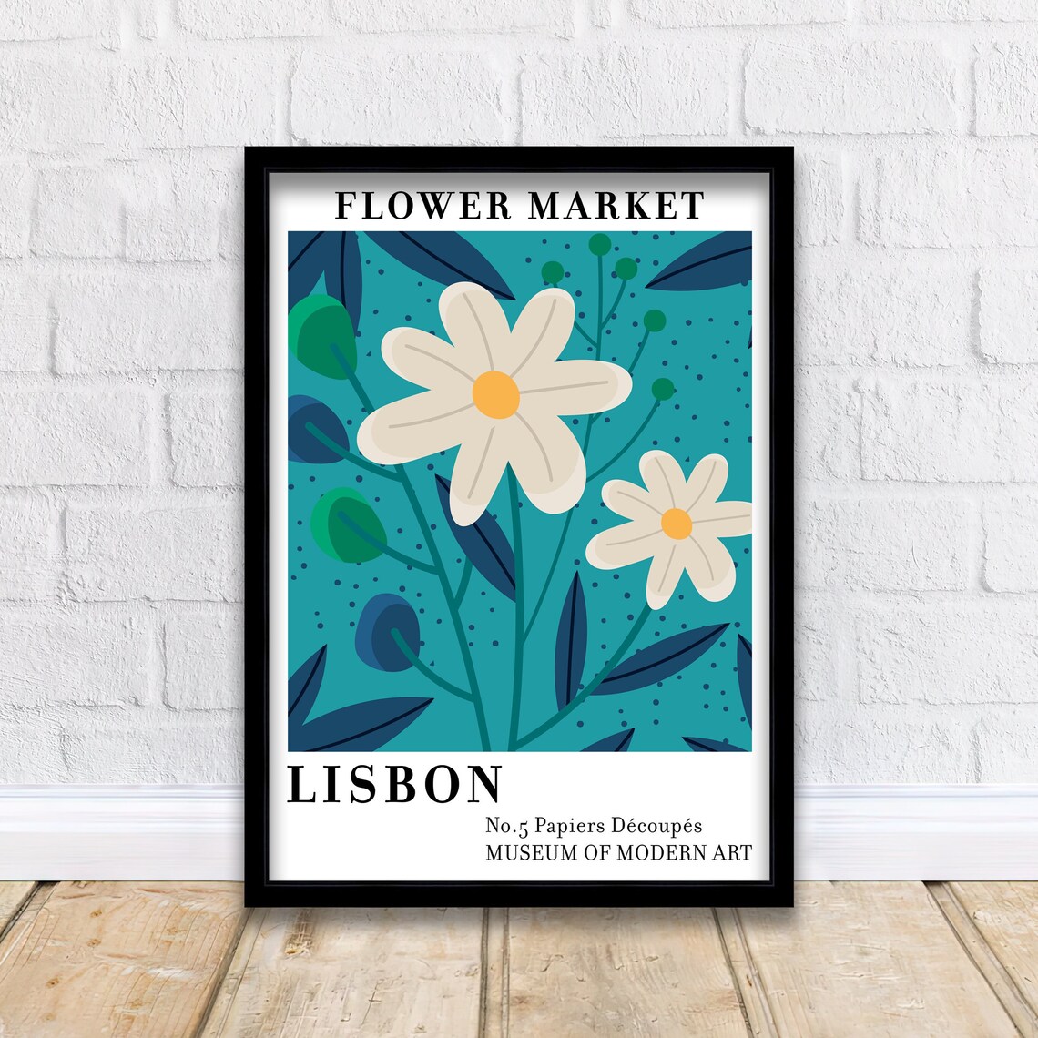 Chic Bold Lisbon Flower Market No5 Teal Modern Floral Art Poster