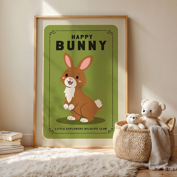 Happy Bunny Cartoon Green Retro Nursery Kids Animal Wall Art