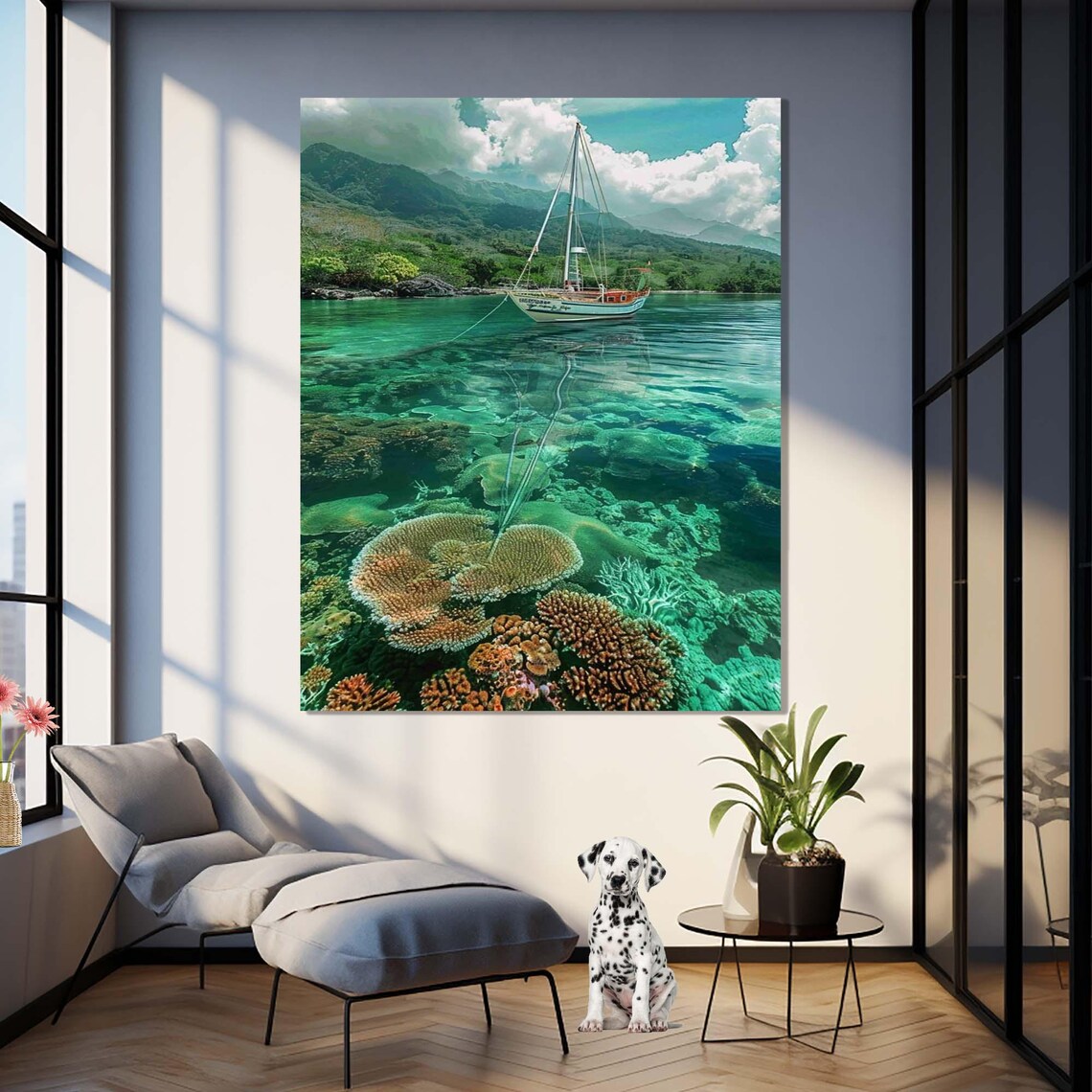 Sailboat Anchored Over Coral Reef In Turquoise Bay Green Mountains Art - Image 3