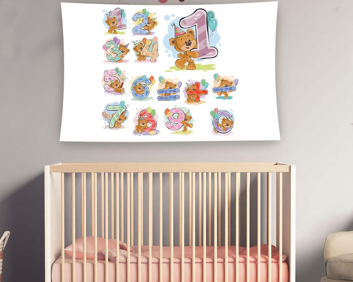 Teddy Bear Numbers Math Symbols Pastel Cute Kids Room Tapestry Poster - Image 2