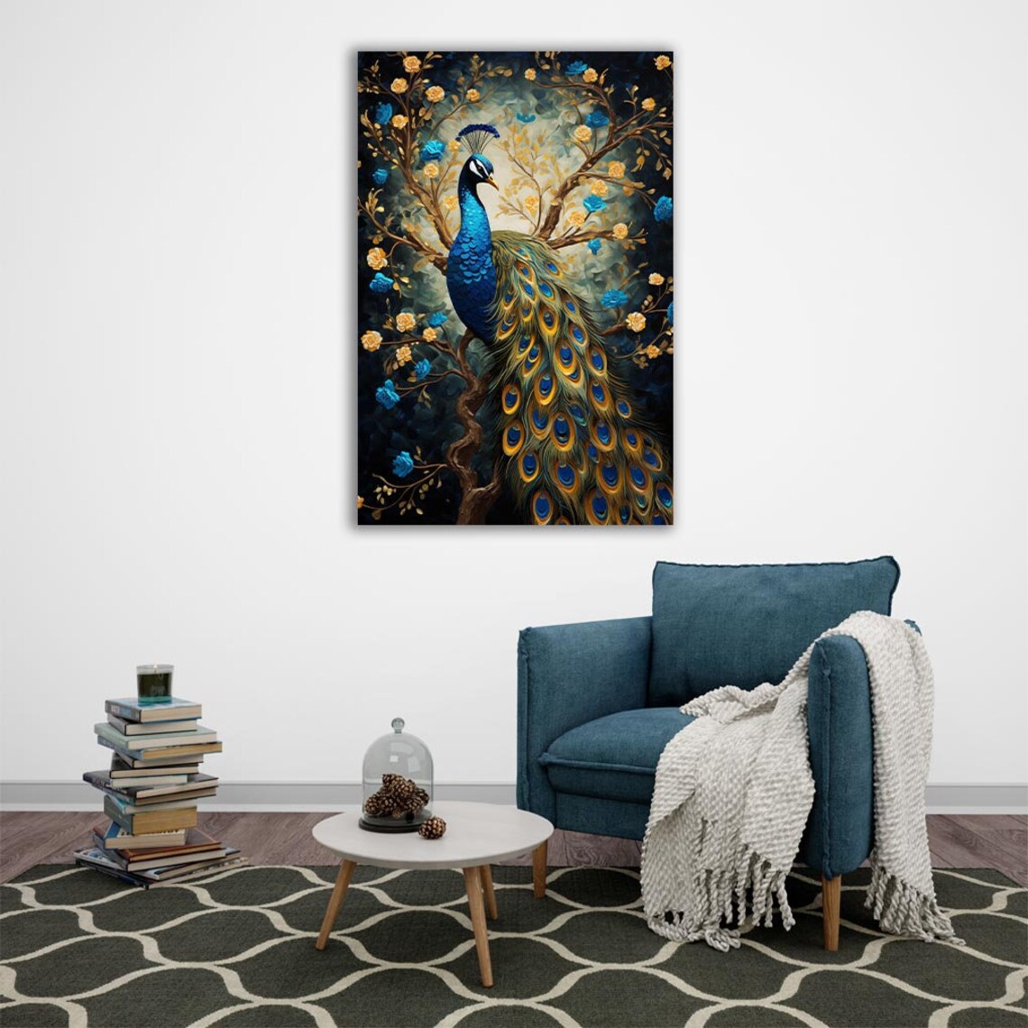 Peacock Modern Golden Color Feather Art Print - Image 2