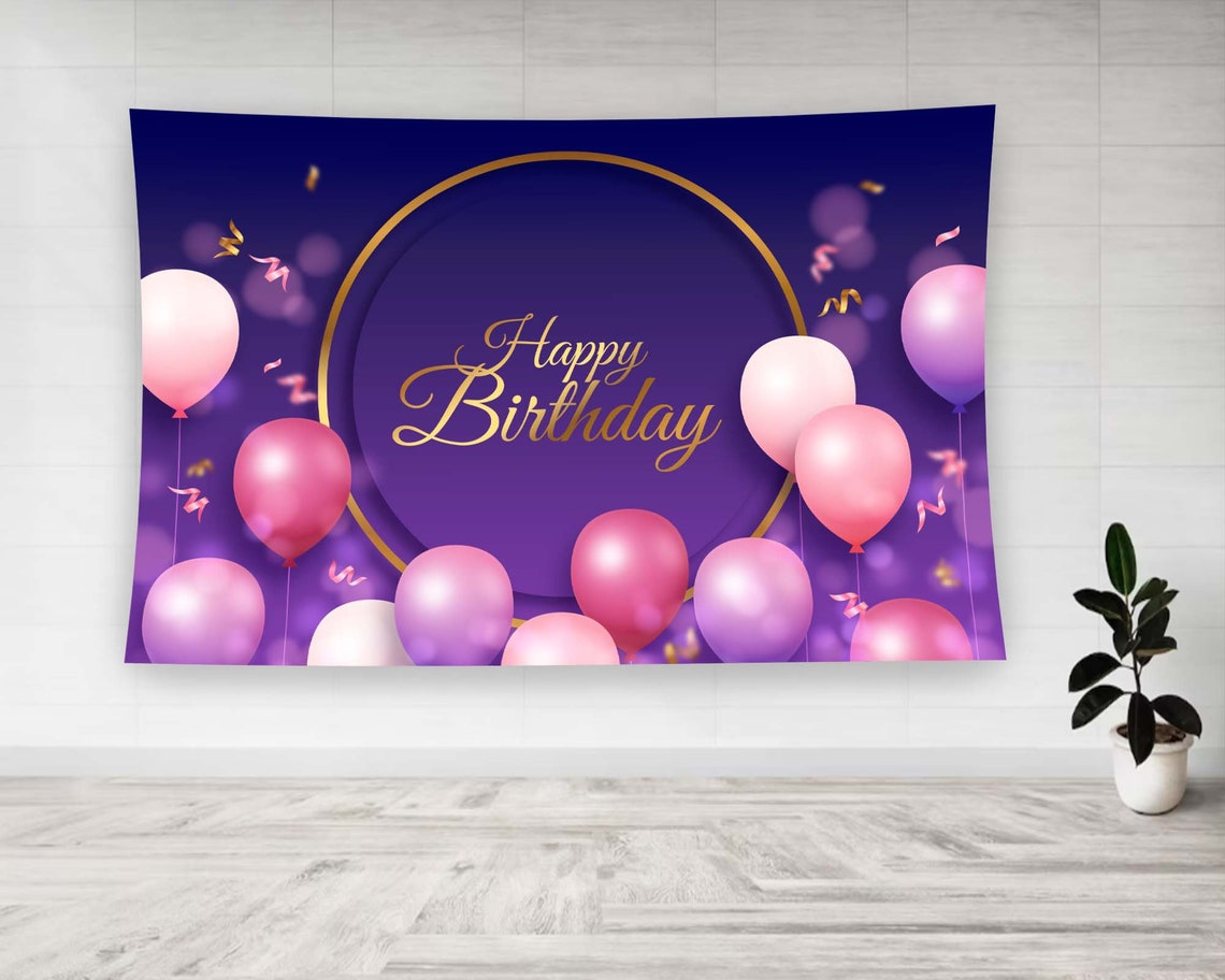 Happy Birthday Pink Purple Balloons Gold Script Party Tapestry Poster - Image 2