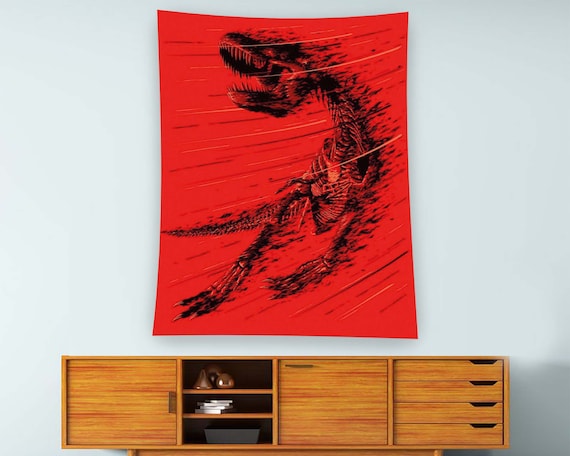 Red T-Rex Dinosaur Skeleton Grunge Speed Lines Tapestry Wall Art
