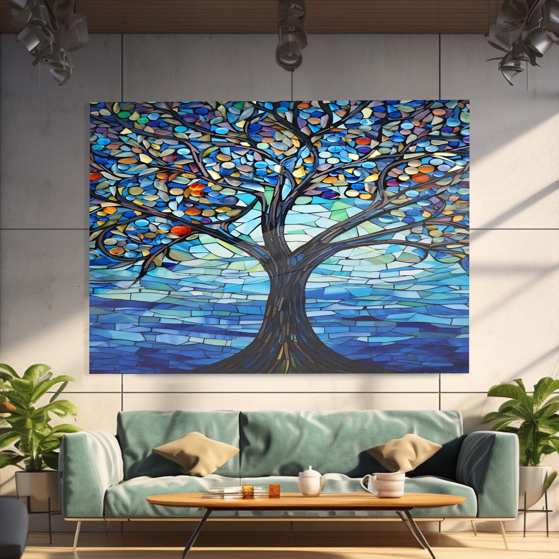 Blue Mosaic Tree of Life Colorful Leaves Stained Glass Wall Art - Image 2