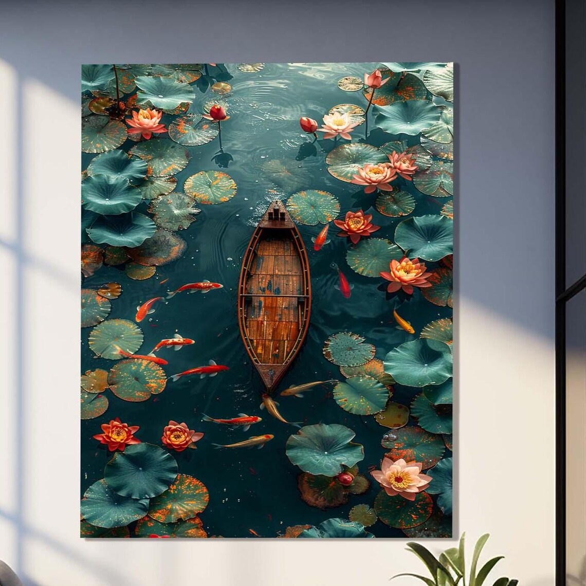 Aerial View Of Wooden Boat Among Lotus Lilies And Koi Fish Pond Art
