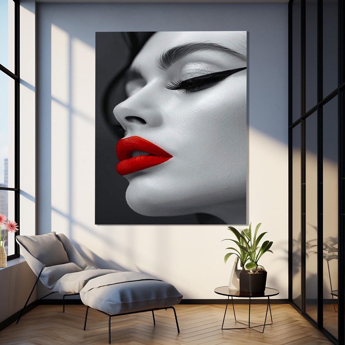 Woman Red Lips Profile Black White Beauty Portrait Art Poster