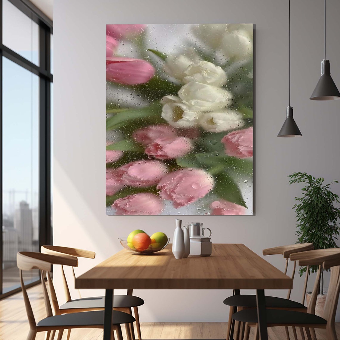 Pink White Tulips Behind Rainy Wet Glass Floral Gallery Poster