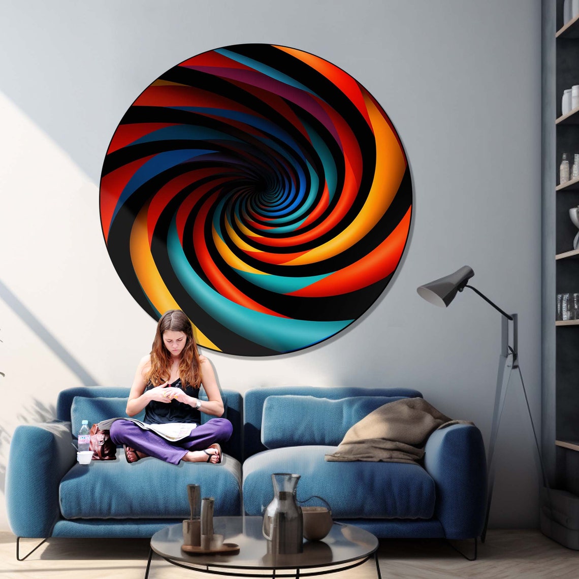 Fiery Spiral Swirl Tunnel Black Red Orange Teal Round Wall Art - Image 2
