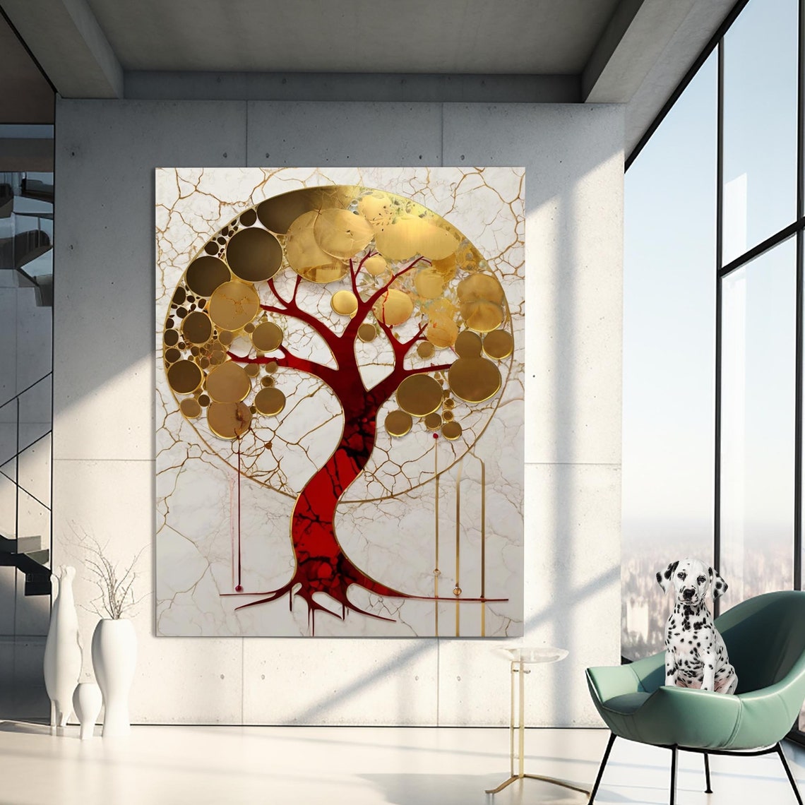 Red Gold Tree of Life Circle White Marble Elegant Wall Poster