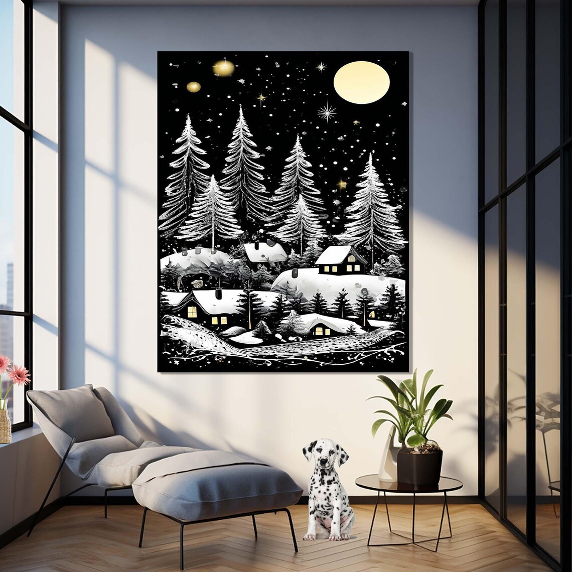 Snowy Village Under Starry Night Moonlit Winter Town Art Print - Image 2