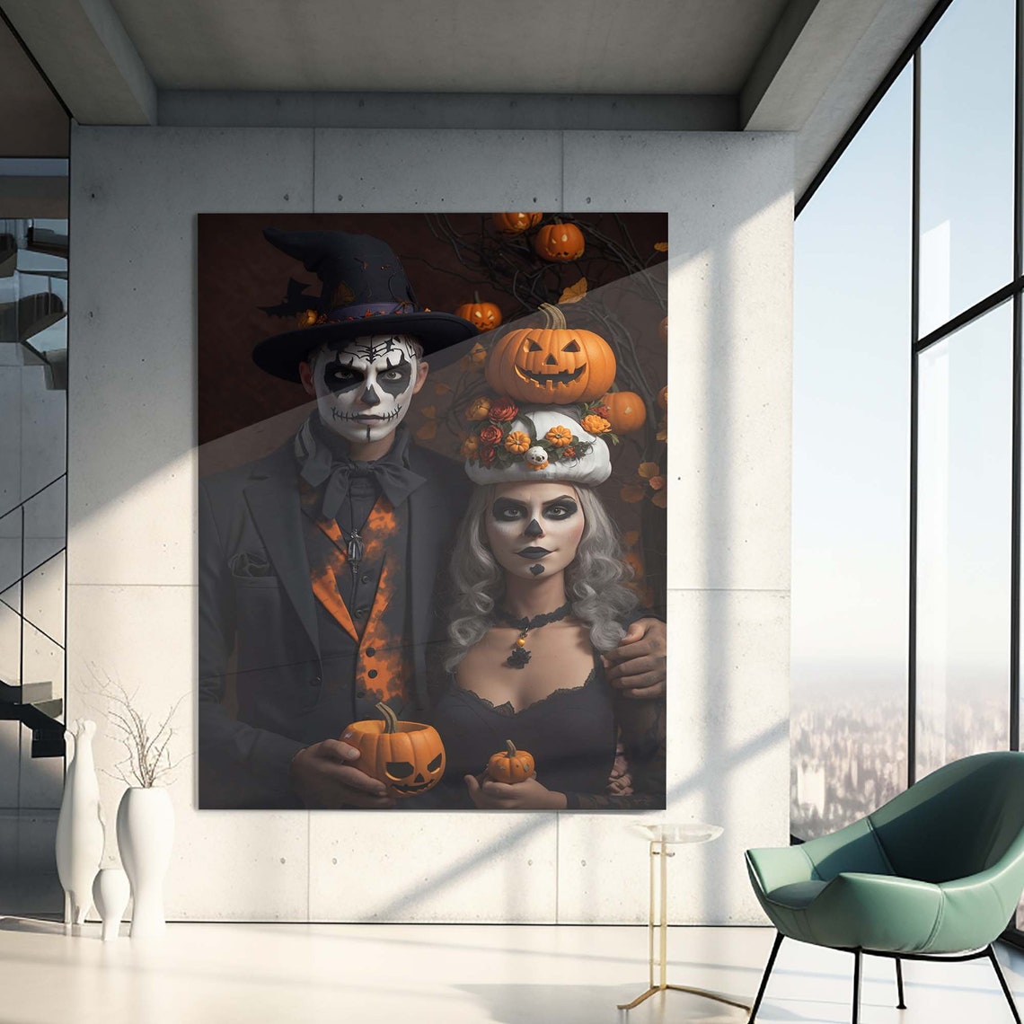 Halloween Skull Face Paint Couple Pumpkin Gothic Wall Art Poster - Image 3