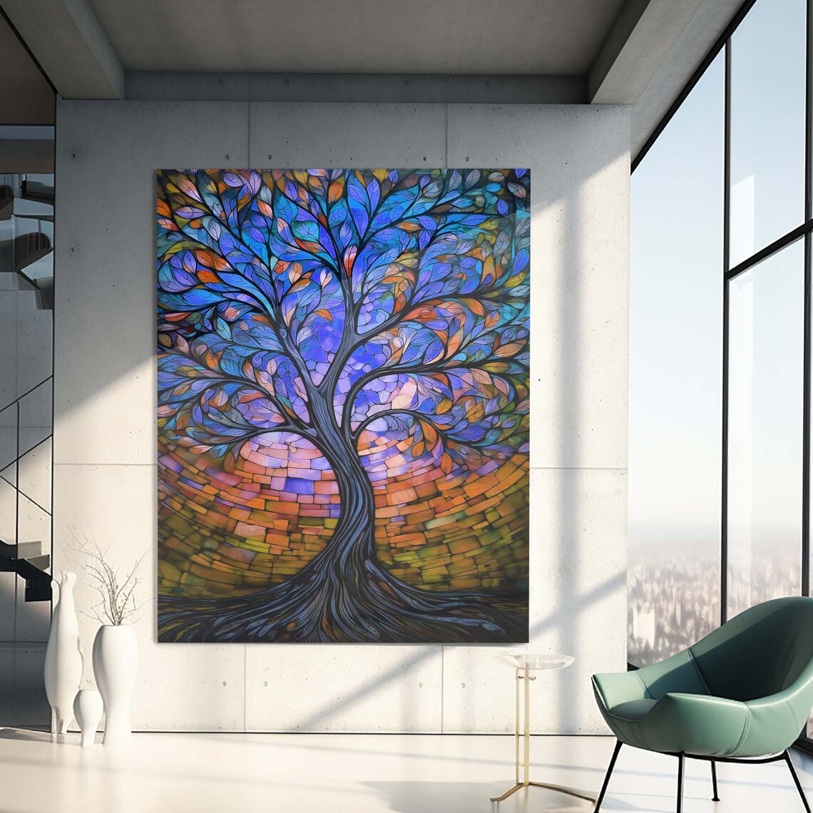 Stained Glass Tree of Life Blue Purple Sunset Mosaic Art Poster