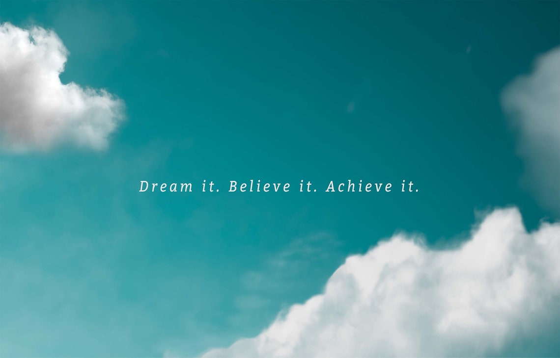 Dream Believe Achieve Turquoise Sky Clouds Motivational Quote Wall Art - Image 3