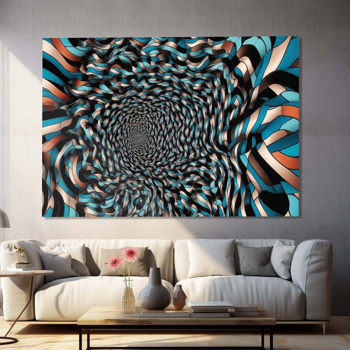 Teal Black Beige Wavy Ribbon Square Tunnel Optical Illusion Wall Art - Image 2