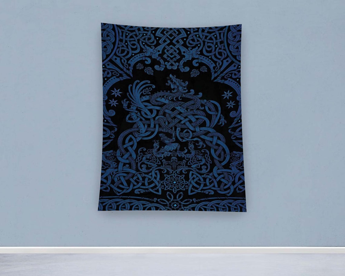 Viking Dragon Celtic Knotwork Blue Tribal Tapestry Wall Art Decor - Image 2