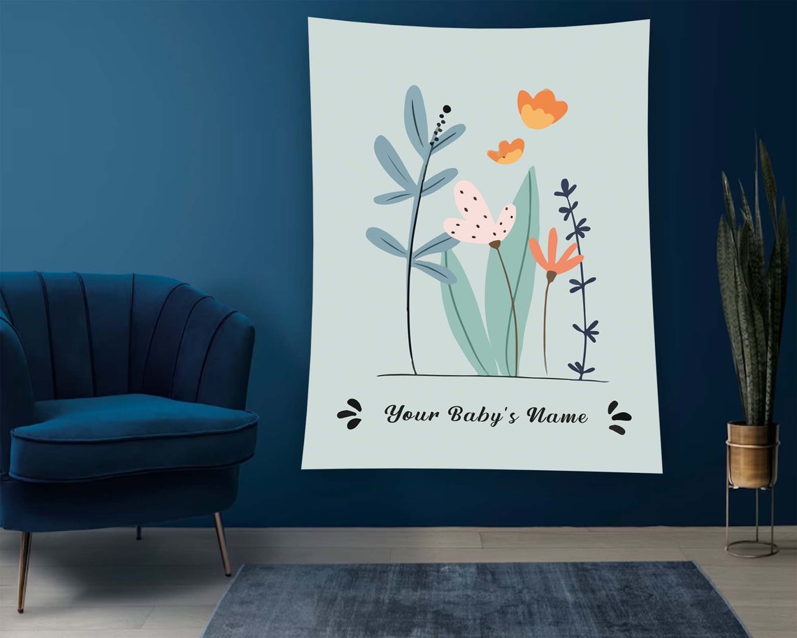 Personalized Baby Name Mint Floral Custom Nursery Tapestry Poster - Image 2