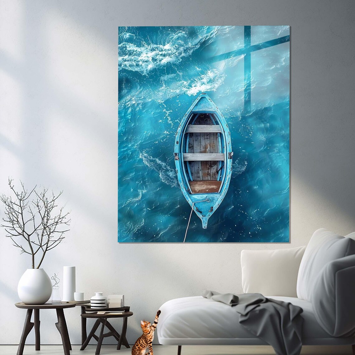 Aerial View Of Single Blue Wooden Boat On Turquoise Waves Ocean Art - Image 3