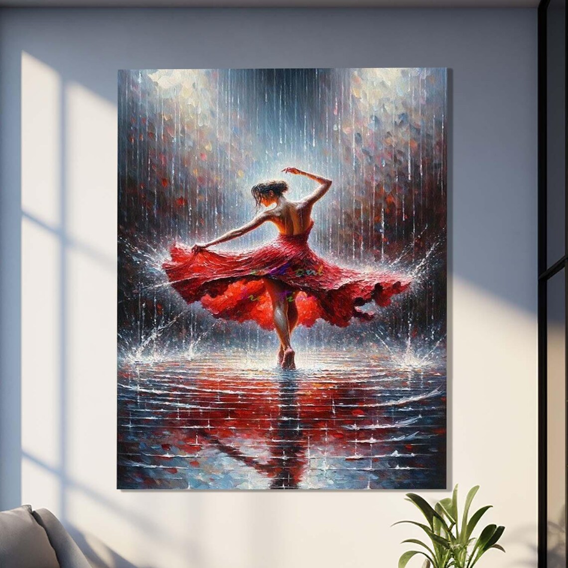 Ballerina In Red Dress Dancing In Rain Impressionist Painting Wall Art
