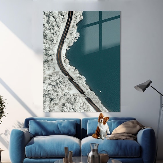 Aerial Winding Road Along Turquoise Lake Snow Pines Travel Poster