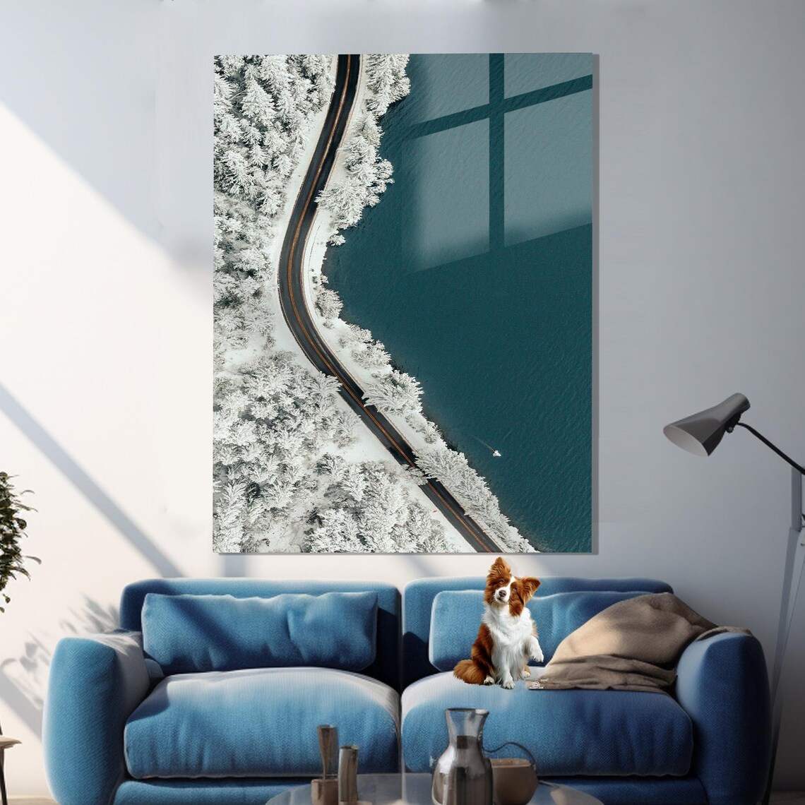 Aerial Winding Road Along Turquoise Lake Snow Pines Travel Poster