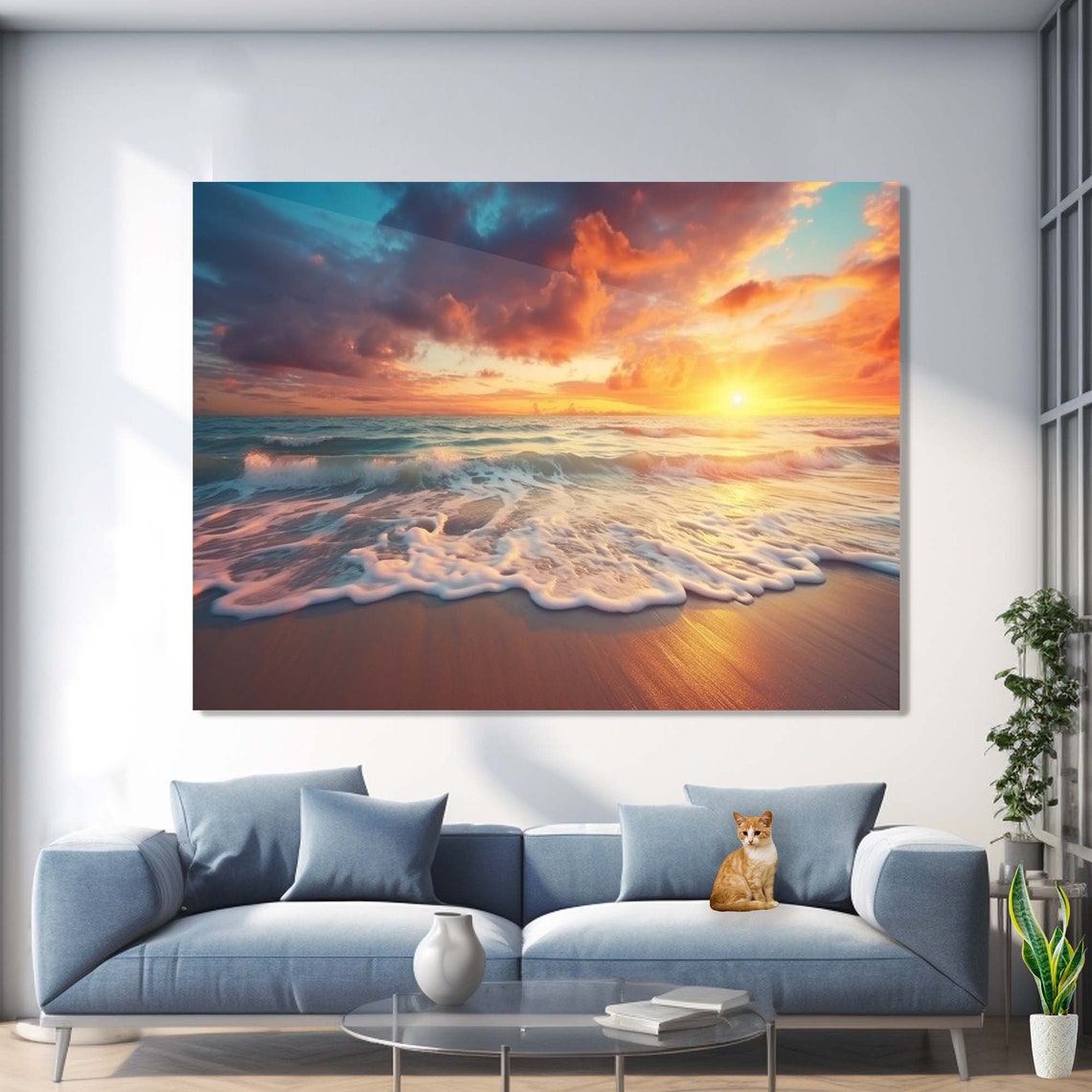 Ocean Sunset Waves Beach Golden Sky Dramatic Clouds Wall Art - Image 2