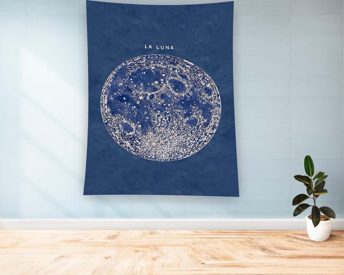 Navy La Luna Vintage Full Moon Astronomy Engraving Tapestry Wall Art - Image 2