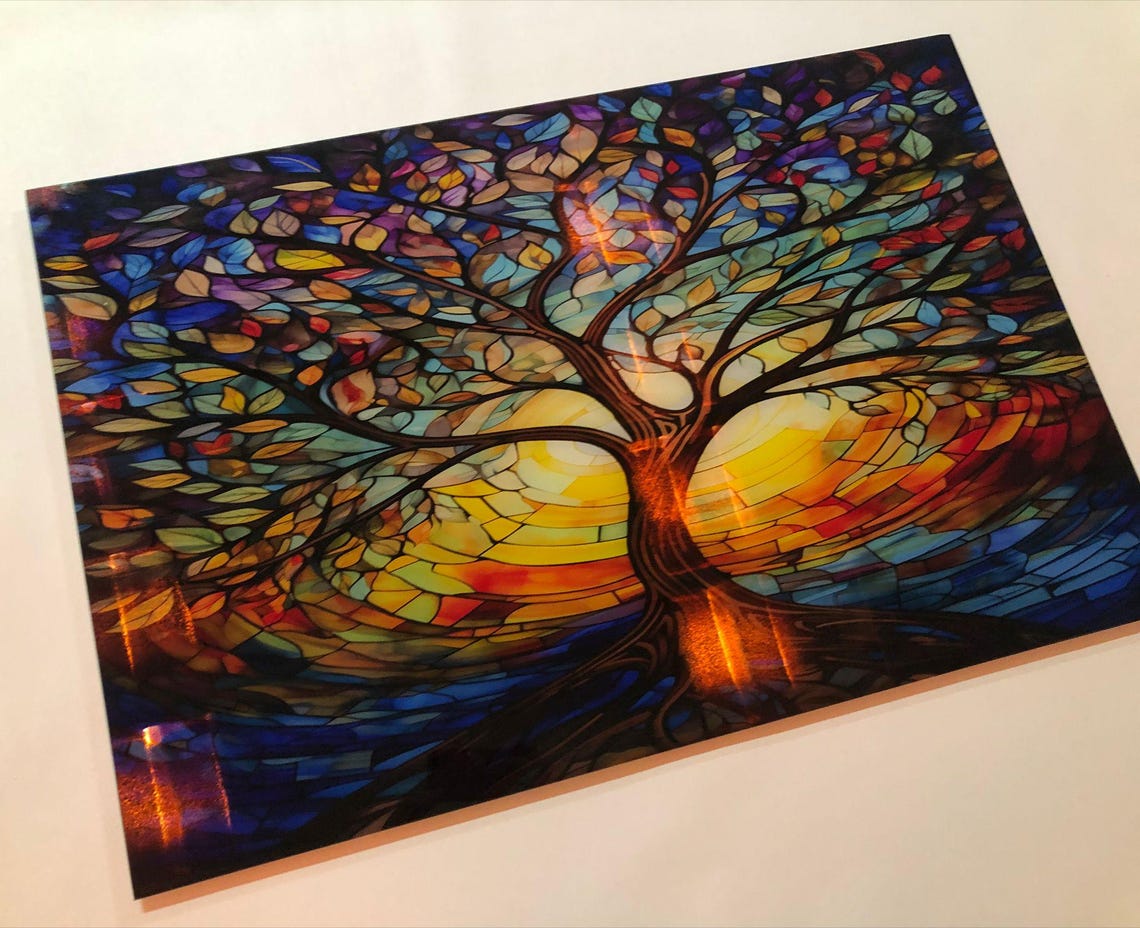 Multicolor Tree of Life Stained Glass Mosaic Sunset Wall Art - Image 3