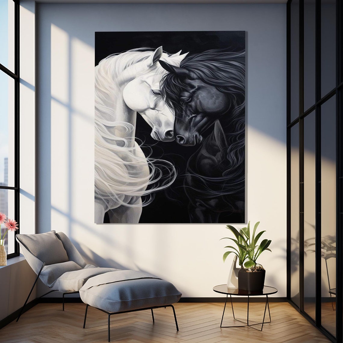 White And Black Horses Facing Each Other Elegant Equine Gallery Poster