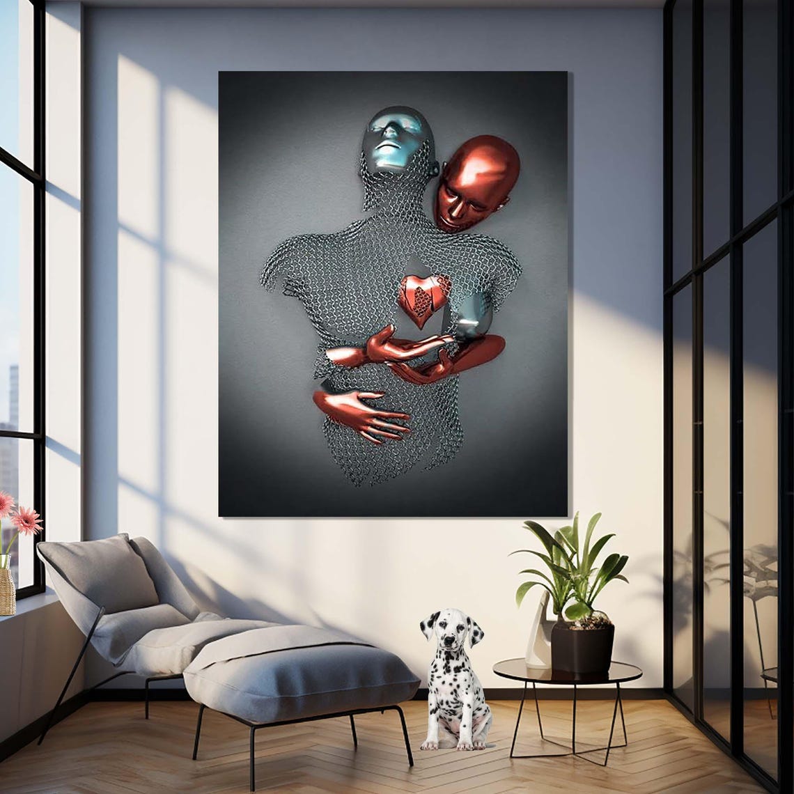 Metallic Lovers Embrace Heart Sculpture Romantic Modern Art Poster - Image 3