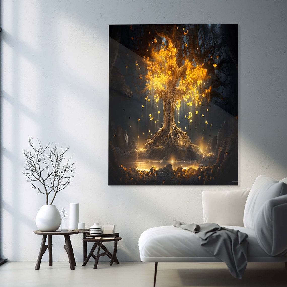 Glowing Golden Tree of Life Dark Cave Magical Light Wall Art - Image 2