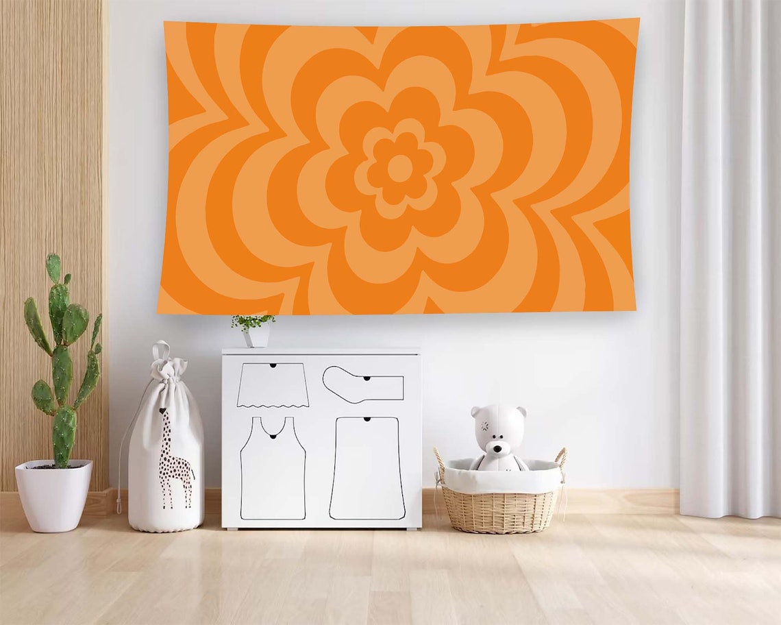 Orange Groovy Retro Flower 70s Psychedelic Swirl Hippie Daisy Wall Art - Image 2