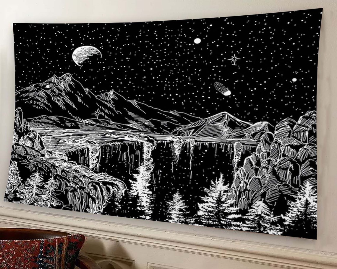 Starry Night Mountain Lake Black White Ink Landscape Tapestry Poster