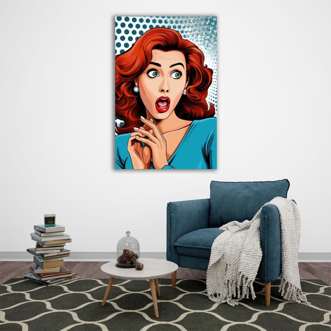 Pop Art Amazed Redhead Woman Teal Dots Comic Retro Portrait Poster - Image 2