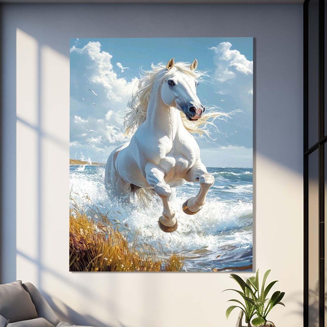 White Horse Rearing Over Ocean Waves Dramatic Sea Splash Wall Art