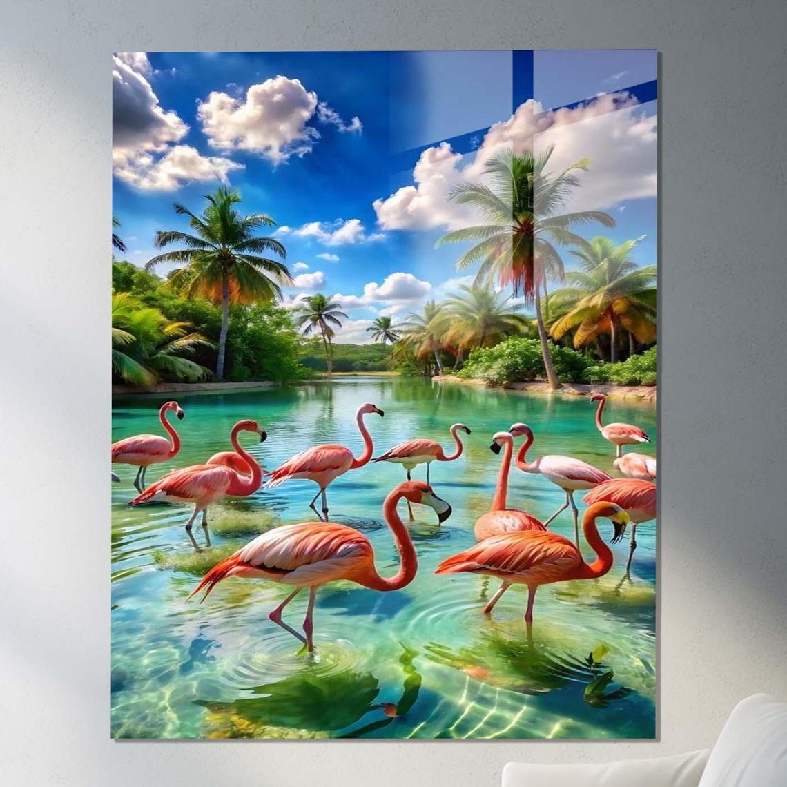 Pink Flamingos Wading In Tropical Turquoise Lagoon Palm Trees Wall Art