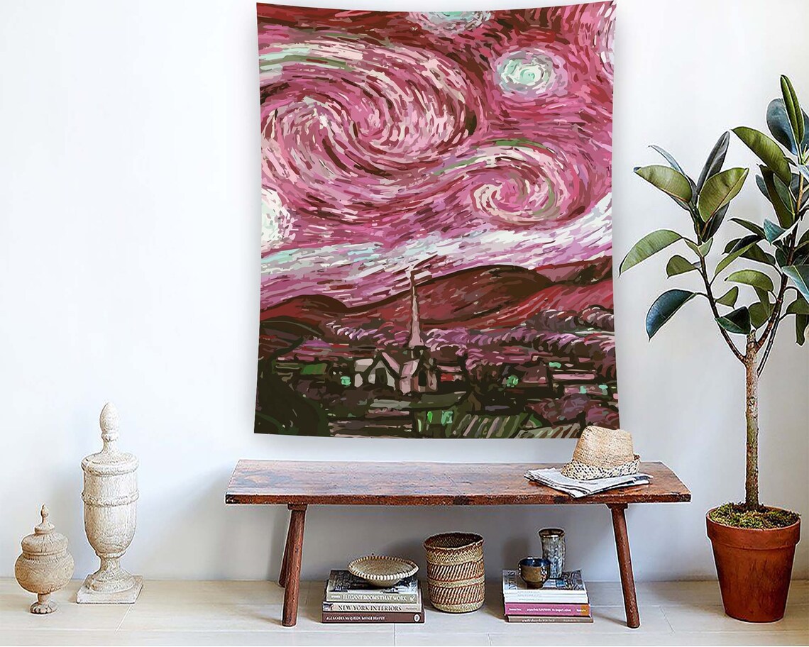 Starry Night Minimalist Wall Art Print, Pink Decor