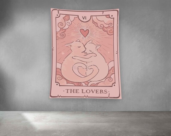 The Lovers Cat Tarot Two Hugging Cats Pink Tapestry Wall Art