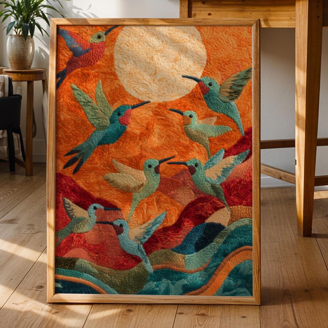 Hummingbird Sunset Folk Art Print Embroidered Texture Birds Style