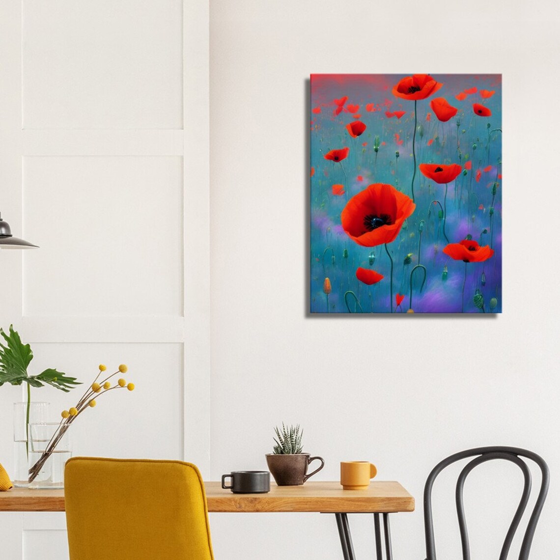 Red Poppies Teal Mist Evening Wildflower Field Scene Art Poster - Image 3