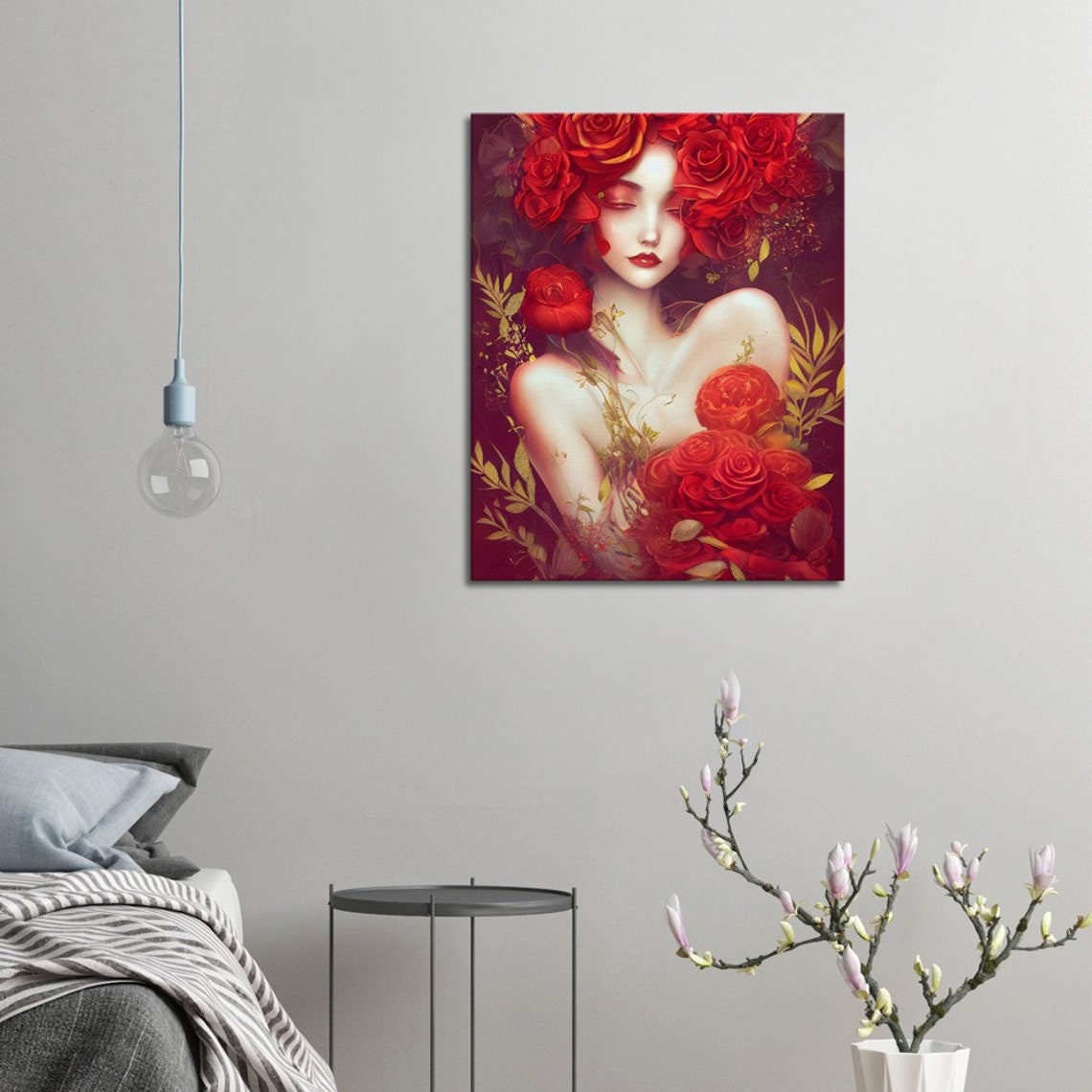 Crimson Rose Goddess Portrait Autumn Floral Fantasy Art Poster - Image 3