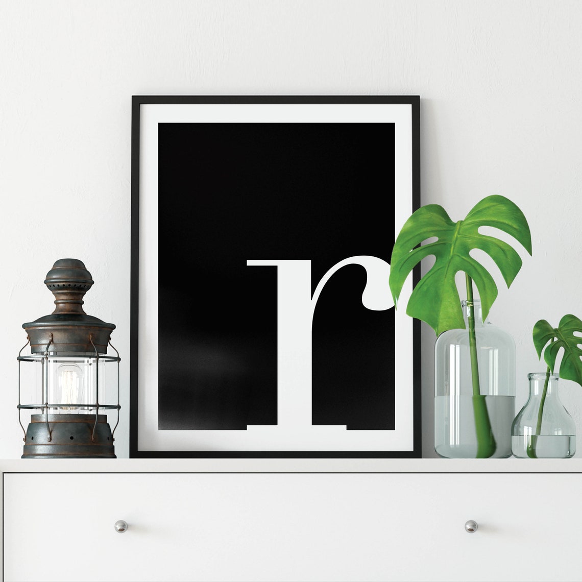 Lowercase Letter R Monogram Poster White on Black Modern Decor - Image 4