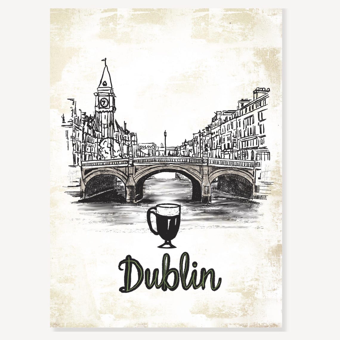 Dublin Bridge Stout Glass Sketch Vintage Ireland Travel Poster - Image 2