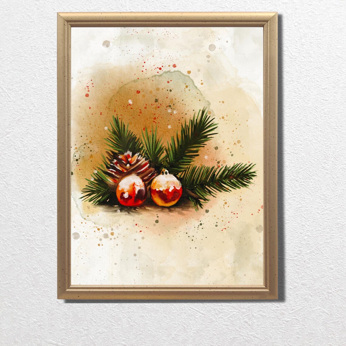 Christmas Baubles Pinecones And Pine Watercolor Holiday Still Life Poster - Image 3