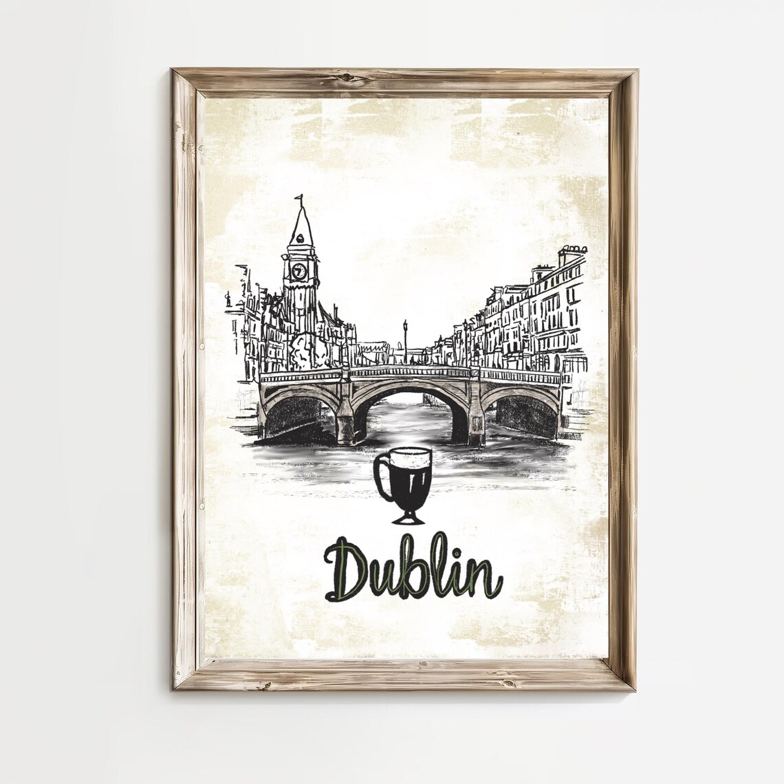 Dublin Bridge Stout Glass Sketch Vintage Ireland Travel Poster