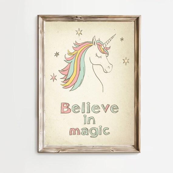 Believe in Magic Cute Unicorn Kids Room Dreamy Affirmation Poster